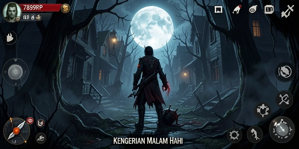Tampilan gameplay menyeramkan di dalam 789RP dengan suasana yang gelap.