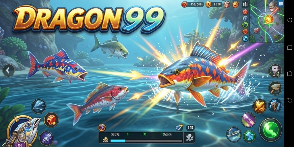 Screenshot gameplay DRAGON99 yang menunjukkan aksi menangkap ikan.