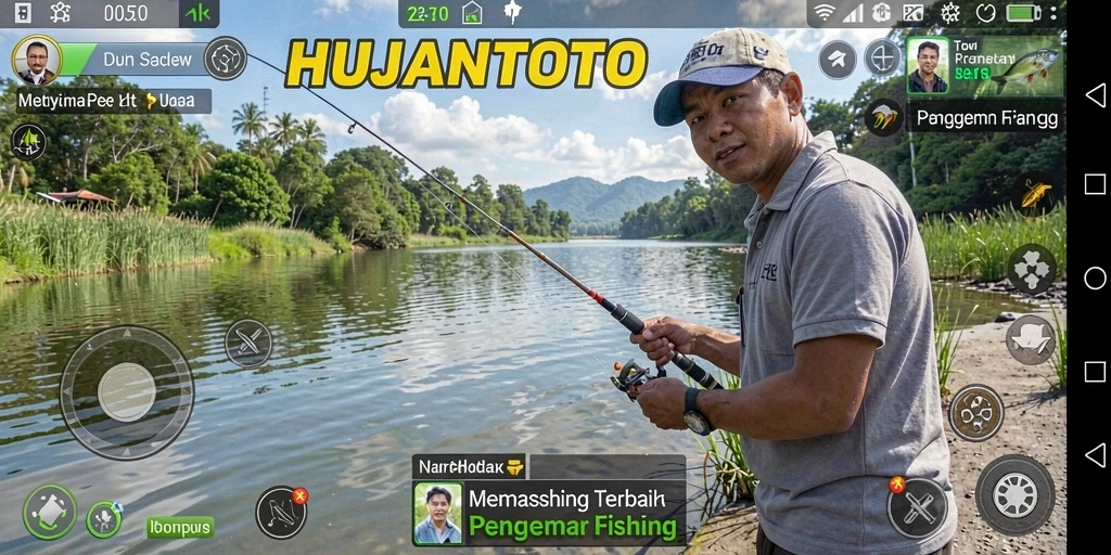 Tampilan gameplay memancing seru di HUJANTOTO yang penuh warna.