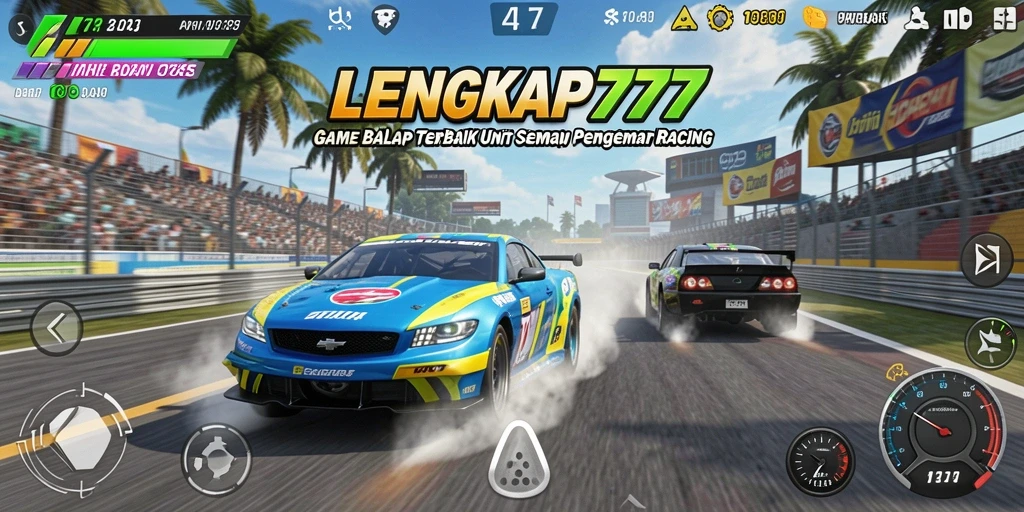 Gameplay seru LENGKAP777 dengan mobil balap di trek menantang.