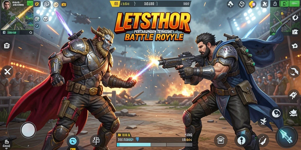 Tangkapan layar gameplay LETSTHOR dengan aksi Battle Royale yang seru.