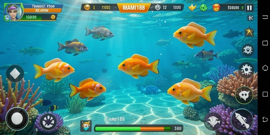 Screenshot gameplay MAMI188 yang menampilkan aksi menangkap ikan.