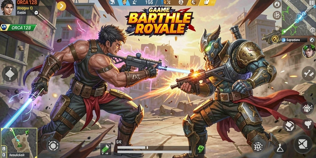 Screenshot menunjukkan pertarungan seru dalam gameplay Battle Royale.
