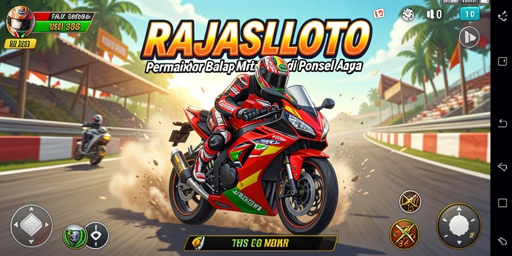 Screenshot RAJASLOTO menampilkan aksi balapan motor yang mendebarkan.
