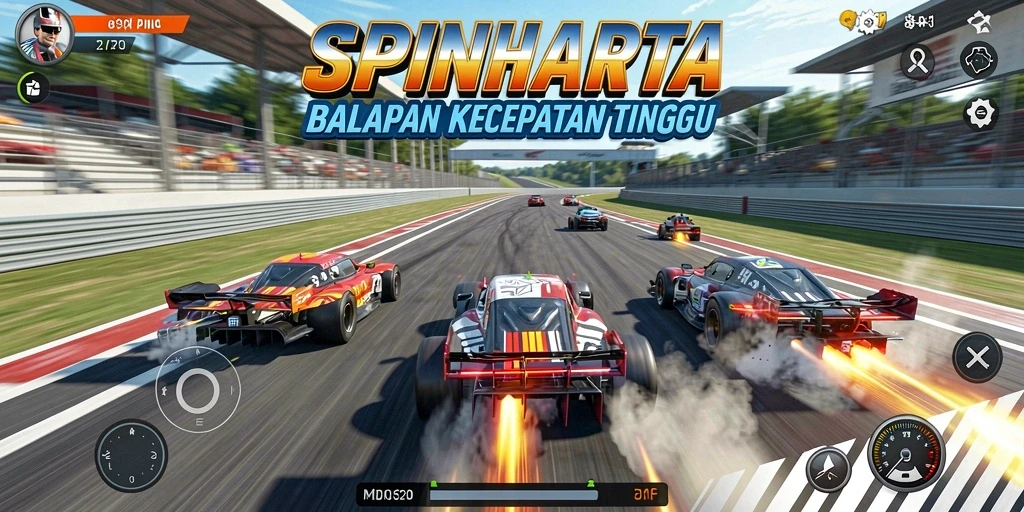 Screenshot gameplay SPINHARTA menampilkan mobil balap di trek yang menegangkan.