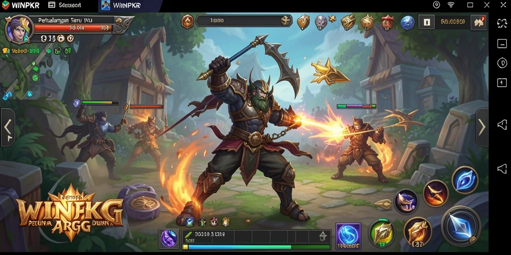 Tangkapan layar gameplay WINPKR menampilkan pertarungan yang mendebarkan dan dunia yang luas.